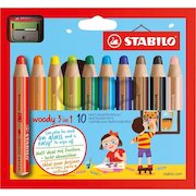 STABILO woody 3 in 1 Colouring Pencil and Sharpener Set Assorted Colours (Pack 10)
