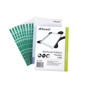Rexel Polished Pocket Reinforced Green Strip Top-opening 80 Micron A4 Glass Clear