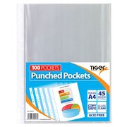 Tiger Multi Punched Pocket Polypropylene A4 45 Micron Top Opening Clear (Pack 100)