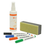 Business Office Drywipe Starter Kit 4 Asst Whiteboard Markers/Eraser/125ml Whiteboard Cleaning Fluid Spray