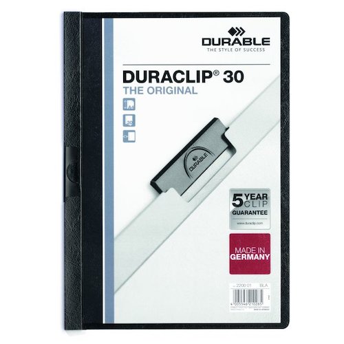 Durable Duraclip Folder PVC Clear Front 3mm Spine for 30 Sheets A4 Black (10740DR)