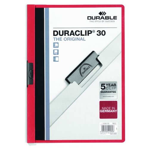Durable Duraclip Folder PVC Clear Front 3mm Spine for 30 Sheets A4 Red (10747DR)