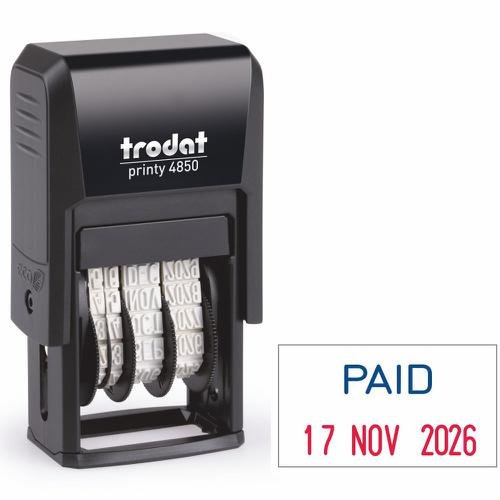 Trodat Printy 4850/L2 Self Inking Word and Date Stamp PAID 25x5mm Blue/Red Ink (10757TD)