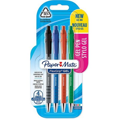 Paper Mate Flexgrip Gel Rollerball Pen 0.7mm Line Black/Blue/Green/Red (Pack 4) (11463NR)