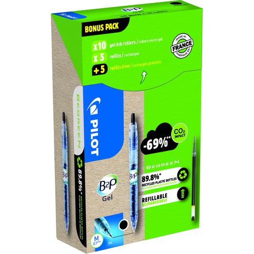 Pilot Greenpack Begreen B2P Retractable Gel Rollerball Pen Recycled 0.7mm Tip 0.39mm Line Black (Pack 10 Plus 10 Refills) (PI55619)