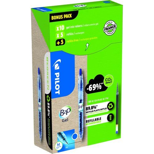 Pilot Greenpack Begreen B2P Retractable Gel Rollerball Pen Recycled 0.7mm Tip 0.39mm Line Blue (Pack 10 Plus 10 Refills) (PI55620)
