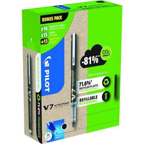 Pilot Greenpack Begreen V7 Hi Tecpoint Cartridge System Liquid Ink Rollerball Pen Recycled 0.7mm Tip 0.5mm Line Black (Pack 10 Plus 30 Refills) (11508PT)