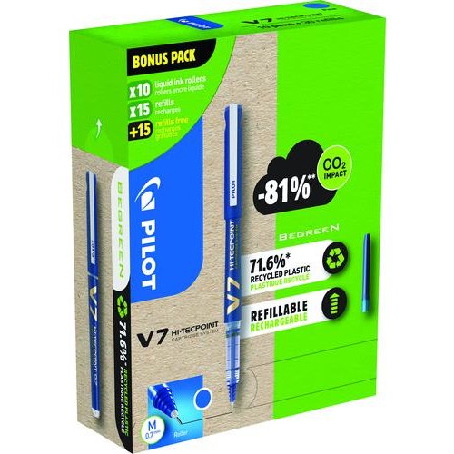 Pilot Greenpack Begreen V7 Hi Tecpoint Cartridge System Liquid Ink Rollerball Pen Recycled 0.7mm Tip 0.5mm Line Blue (Pack 10 Plus 30 Refills) (11515PT)