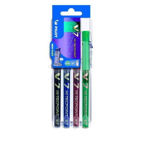 Pilot Set2Go V7 Hi Tecpoint Liquid Ink Rollerball Pen 0.7mm Tip 0.5mm Line Black/Blue/Green/Red (Pack 4) (11550PT)