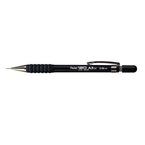 Pentel A315 Automatic Pencil with Rubber Grip and 2 x HB 0.5mm Lead Black Barrel (16615PE)
