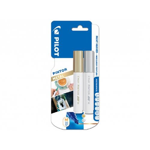 Pilot Pintor Medium Bullet Tip Paint Marker 4.5mm Gold and Silver Colours (Pack 2) 3131910517696 (17469PT)