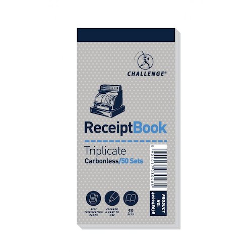 Challenge 140x70mm Triplicate Receipt Book Carbonless 1 50 Taped Cloth Binding 50 Sets (Pack 10) (18908HB)