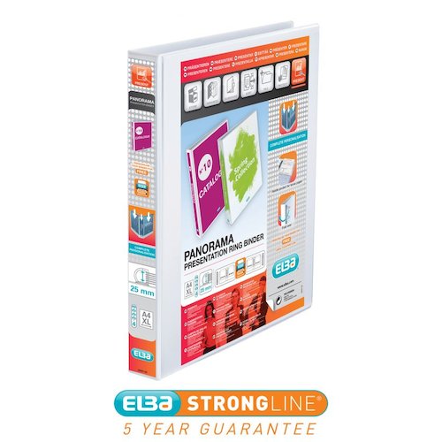Elba Panorama Presentation Ring Binder Polypropylene 4 D Ring A4 Plus 25mm Rings White (Pack 10) 400001391 (19398HB)