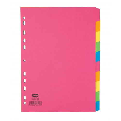Elba Bright Coloured Card Dividers A4 Multipunched 10 Part 400008300 (19972HB)