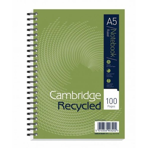Cambridge Recycled Notebook Wirebound 70gsm Ruled Perf Punched 2 Holes100pp A5 (20105HB)