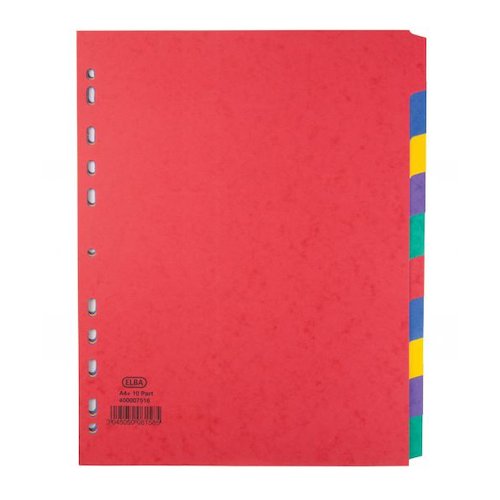 Elba Heavyweight Subject Dividers 10 Part Card Multipunched 220gsm Extra Wide A4+ Assorted (20112HB)