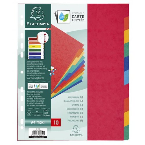 Exacompta Divider 10 Part A4 Extra Wide 225gsm Pressboard Assorted Colours (20385EX)