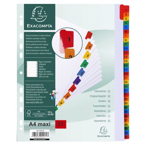 Exacompta Index 1 31 A4 Extra Wide 160gsm Card White with Coloured Mylar Tabs (20476EX)
