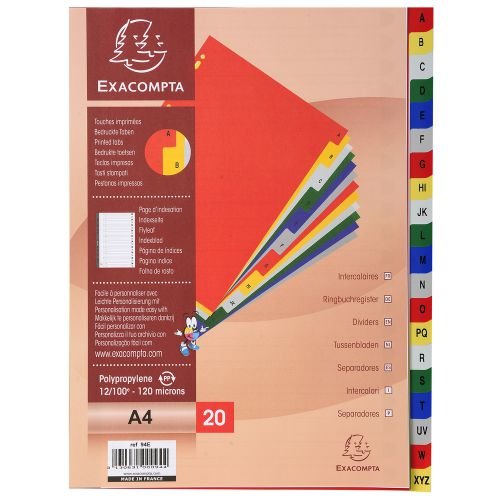 Exacompta Index A Z A4 120 Micron Polypropylene Bright Assorted Colours (20497EX)