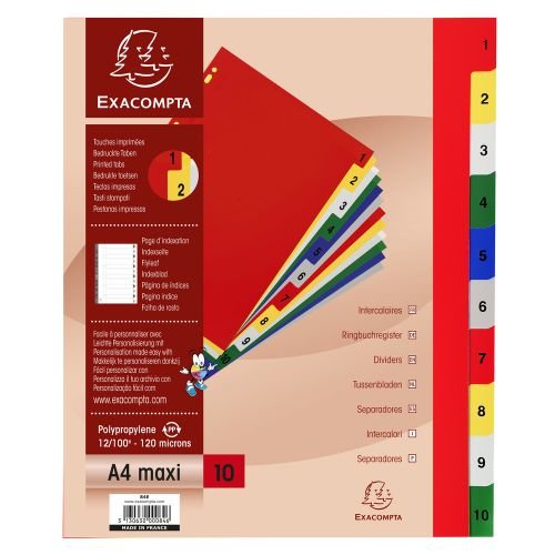 Exacompta Index 1 10 A4 Extra Wide 120 Micron Polypropylene Bright Assorted Colours (20504EX)