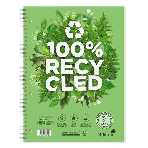 Silvine Premium Recycled A4 Plus Wirebound Card Cover Notebook Ruled 120 Pages Green (Pack 5) (21547SC)