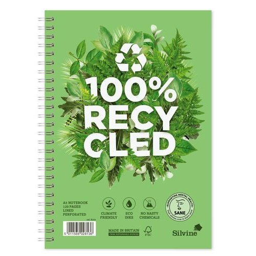 Silvine Premium Recycled Nbk Wirebnd 80gsm Ruled Margin Perf Punched 4 Holes 120pp A5+ (21554SC)