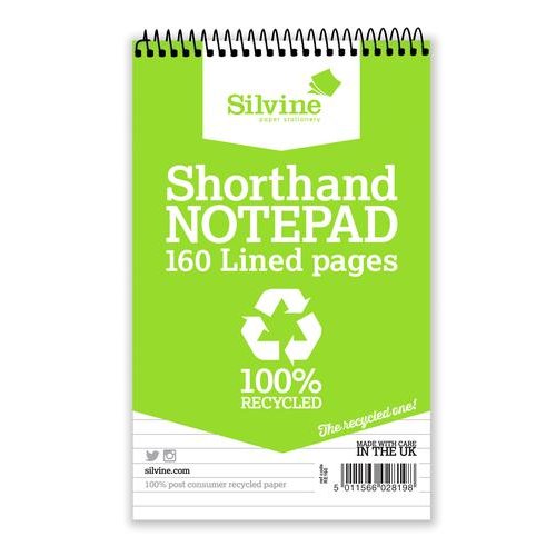 Silvine Recycled Shorthand Pad Wirebound 70gsm Ruled 160pp 127x203mm Green (21568SC)