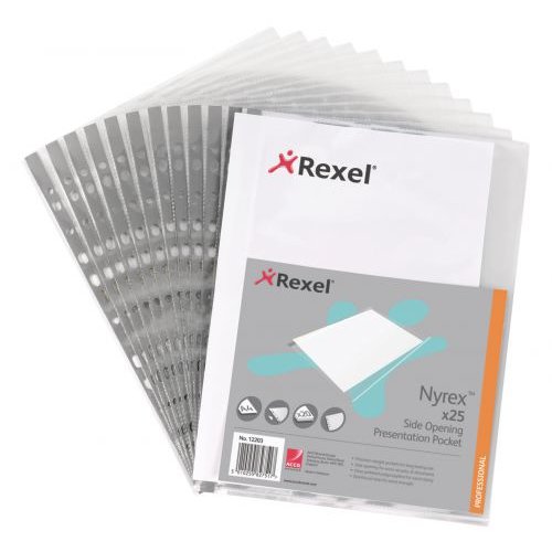 Rexel Nyrex Reinforced Multi Punched Pocket Polypropylene A4 90 Micron Side Opening Grey Spine Glass Clear (Pack 25) 12203 (27759AC)