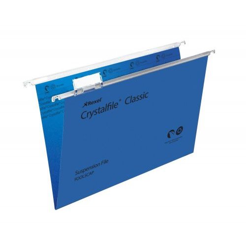 Rexel Crystalfile Classic Foolscap Suspension File Manilla 15mm V Base Blue (Pack 50) 78143 (28109AC)