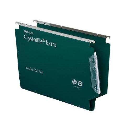 Rexel Crystalfile Extra 330 Foolscap Lateral Suspension File Polypropylene 30mm Green (Pack 25) 3000122 (28214AC)