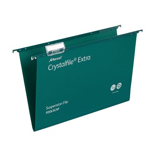 Rexel Crystalfile Extra Foolscap Suspension File Polypropylene 15mm V Base Green (Pack 25) 70628 (28249AC)