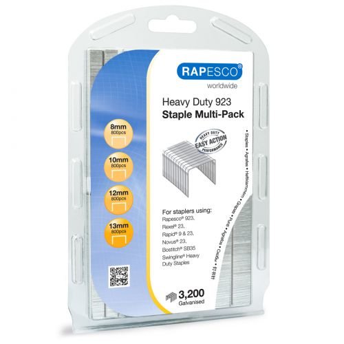 Rapesco 923 Galvanised Staples Multi Pack of 8mm 10mm 12mm and 13mm (Pack 3200) (29674RA)