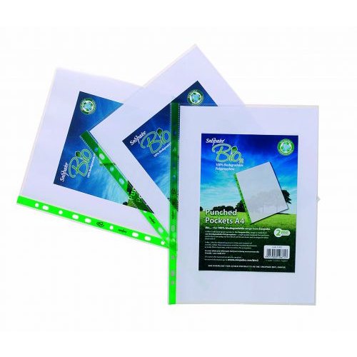 Snopake Bio Multi Punched Pocket Polypropylene A4 55 Micron Red Strip Embossed Top Opening Clear (Pack 100) (31987SN)