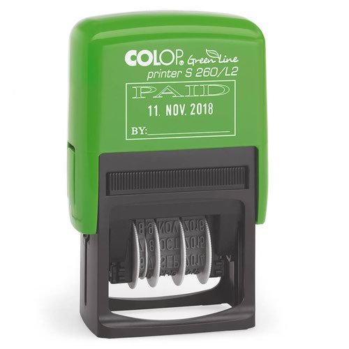Colop Green Line S260/L2 Self Inking Word and Date Stamp PAID 24x45mm Blue/Red Ink (34021CL)