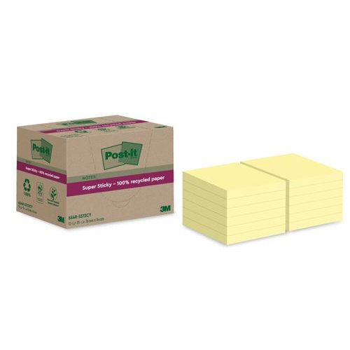 Post it Super Sticky 100% Recycled Notes Canary Yellow 76 x 76 mm 70 sheets per pad (Pack 12) 7100284981 (39124MM)