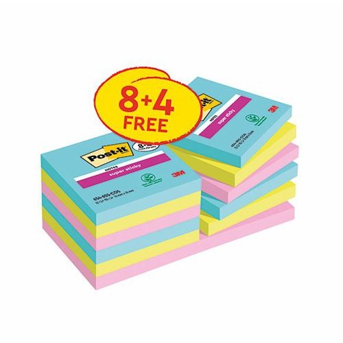 Post it Super Sticky Notes Cosmic Colour Collection 76 mm x 76 mm 90 Sheets Per Pad (Pack 8 + 4 FREE)  7100259229 (39138MM)