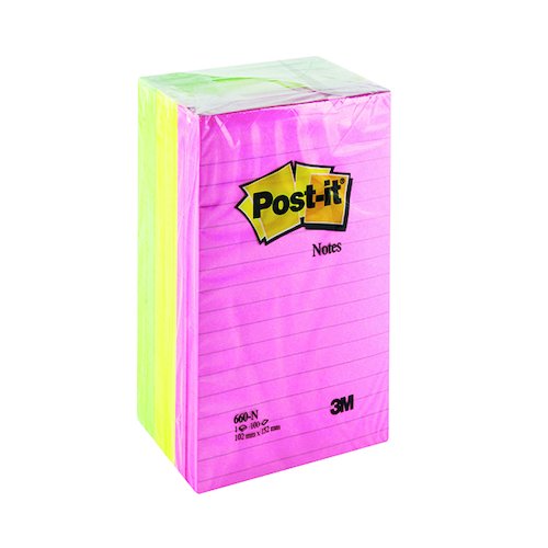 Post it Notes XXL 101 x 152mm Lined Neon Assorted (6 Pack) 660N (3M25551)