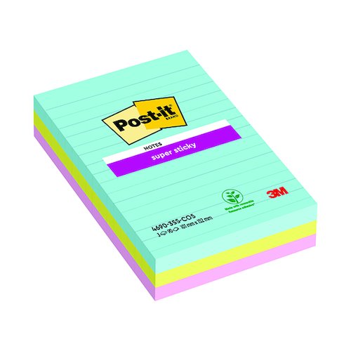 Post it Notes Super Sticky XXL 101 x 152mm Lined Miami (3 Pack) 4690 SS3 MIA (3M49872)
