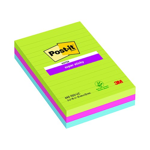 Post it Notes Super Sticky XXL 101 x 152mm Lined Ultra Colours (3 Pack) 660 3SSUC (3M81332)