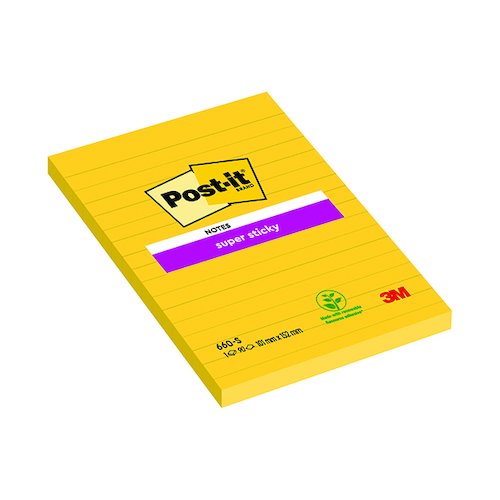 Post it Notes Super Sticky 152 x 102mm Lined Ultra Yellow (6 Pack) 660S (3M87719)