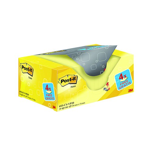 Post it Notes 38 x 51mm Canary Yellow (20 Pack) 653CY VP20 (3M90694)