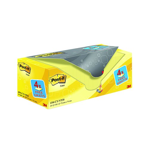Post it Notes 76 x 76mm Canary Yellow (20 Pack) 654CY VP20 (3M90699)