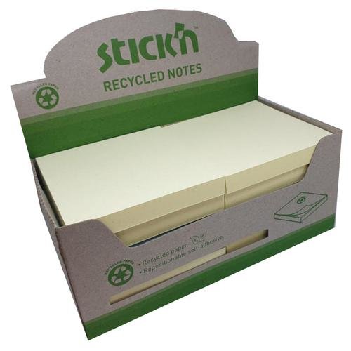 Stickn Repositionable Notes 76x76mm Recycled 100 Sheets Yellow (Pack 12) 21795 (42277HP)
