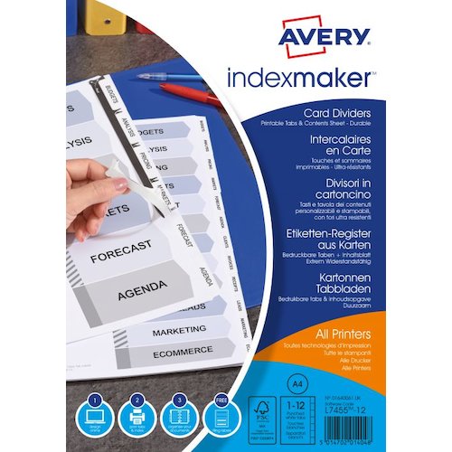 Avery Indexmaker Divider 12 Part A4 Punched 190gsm Card White with White Mylar Tabs 1640061 (42683AV)