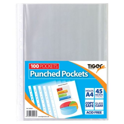 Tiger Multi Punched Pocket Polypropylene A4 45 Micron Top Opening Clear (Pack 100) (42736TG)