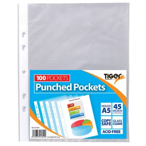 Tiger Multi Punched Pocket Polypropylene A5 45 Micron Top Opening Clear (Pack 100) (42750TG)