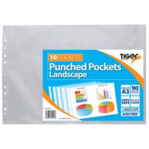 Tiger Multi Punched Pocket Polypropylene A3 45 Micron Top Opening Landscape Clear (Pack 10) (42764TG)