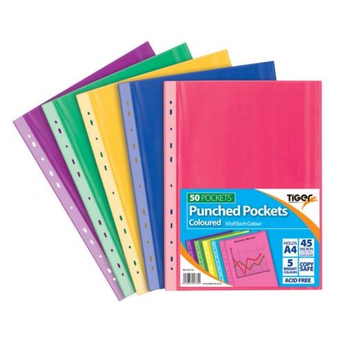 Tiger Multi Punched Pocket Polypropylene A4 45 Micron Top Opening Coloured (Pack 50) (42792TG)