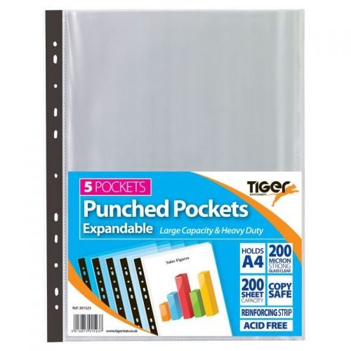 Tiger Multi Punched Expandable Pocket Polypropylene A4 150 Micron Top Opening Clear (Pack 5) (42813TG)