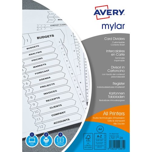 Avery Mylar Divider A Z A4 Punched 150gsm White Card with White Mylar Tabs 05231061 (42900AV)
